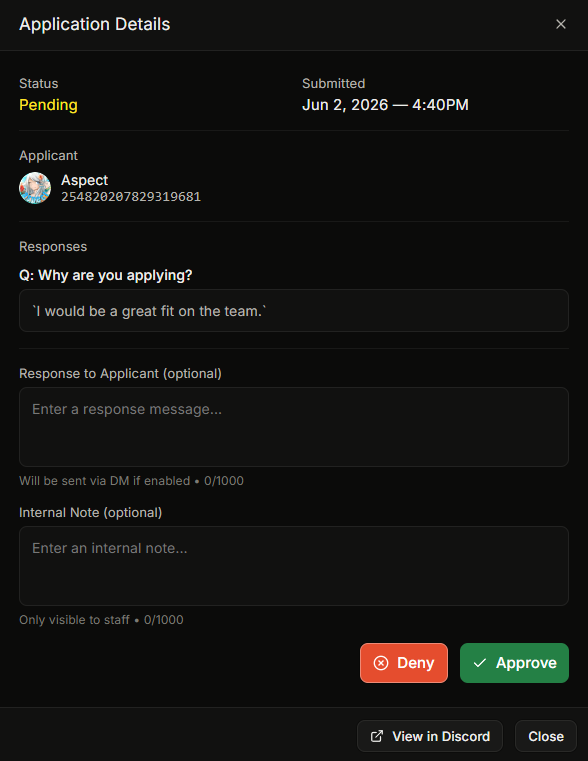 The Application Details window, showing the answers, the applicant info, and the Approve and Deny buttons on a pending a