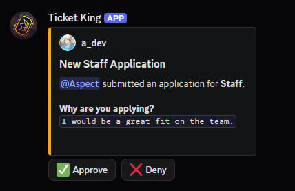 The application log embed in the log channel, showing its Approve and Deny buttons
