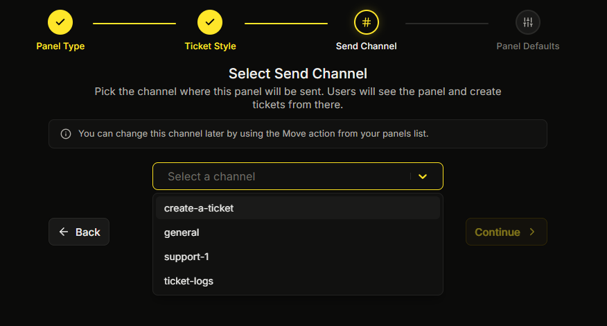 The wizard on the Select Send Channel step, with the channel picker open