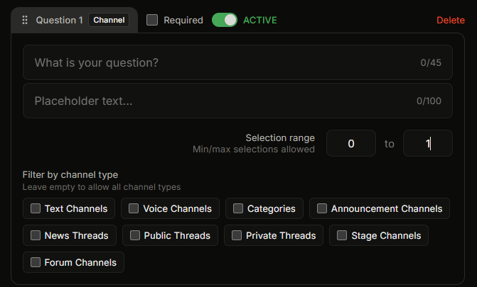 The Channel Select question editor with the channel-type multi-select dropdown open showing all 9 type options