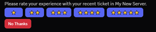 A Discord DM from Ticket King to a ticket author showing the 5-star rating prompt with the star buttons