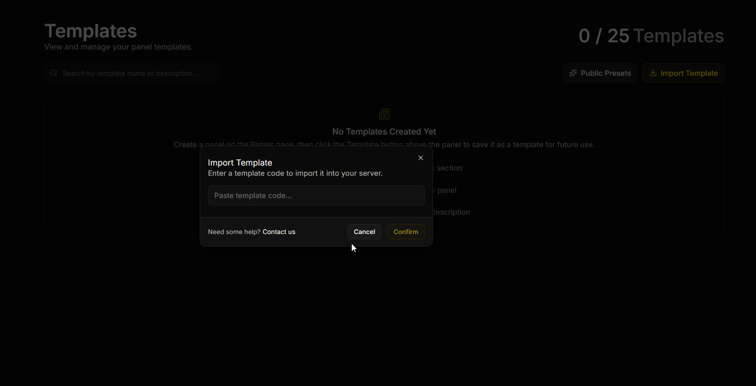 Pasting a template code, clicking Import, and the new template appearing in the list