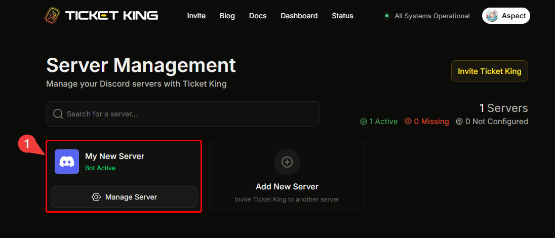 A server card with the Manage Server button