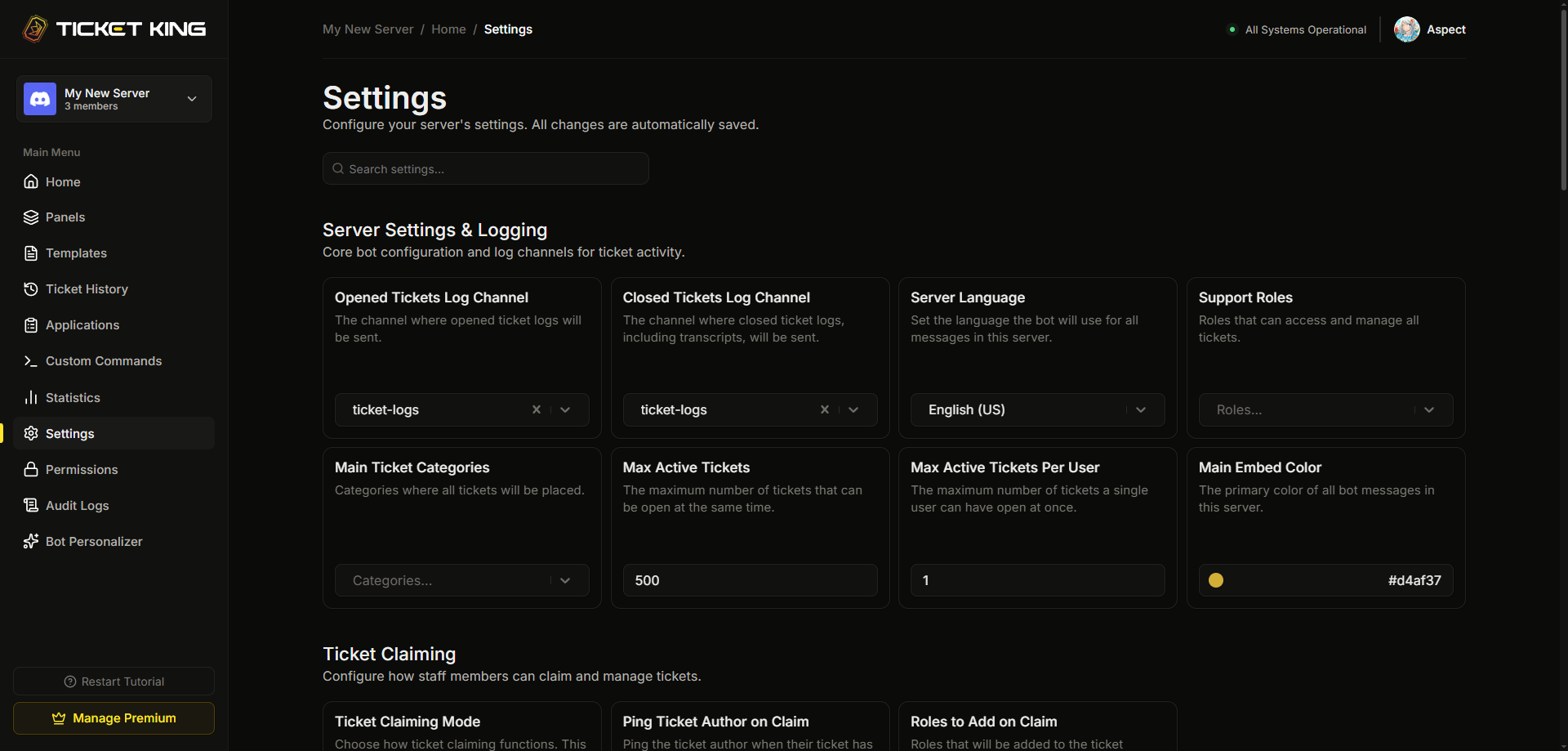 The Settings page with the sidebar visible and the page scrolled to show several setting groups (Server Settings & Loggi