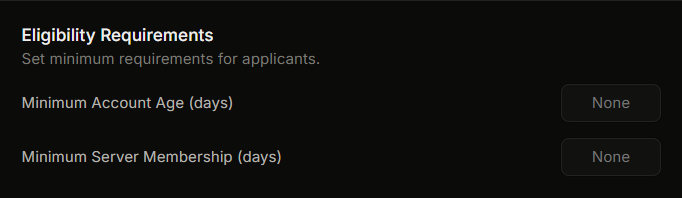 The Eligibility Requirements section of the application-option editor with both age fields visible