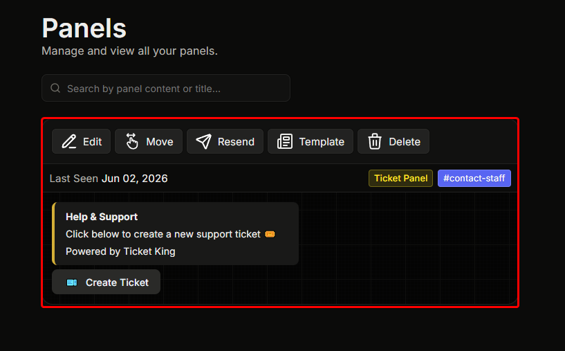 The Panels page with the panel to save highlighted