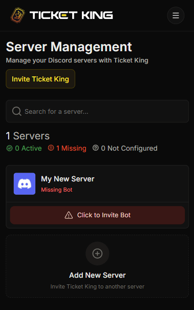 The Server Management page on a phone, with the server cards stacked in a single column and the sidebar collapsed behind